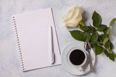 Beyaz güller, defter üzerinde gri bir arka plan