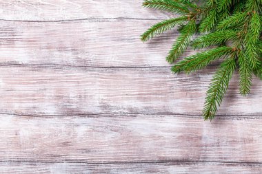 yeşil çam dalları hafif ahşap arka plan üzerinde yatay