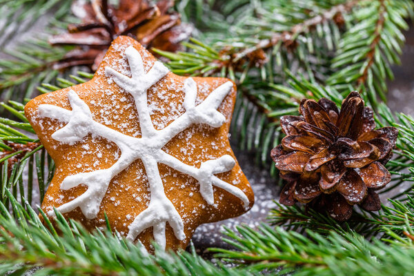 Christmas ginger cookies on a black background, horizontal