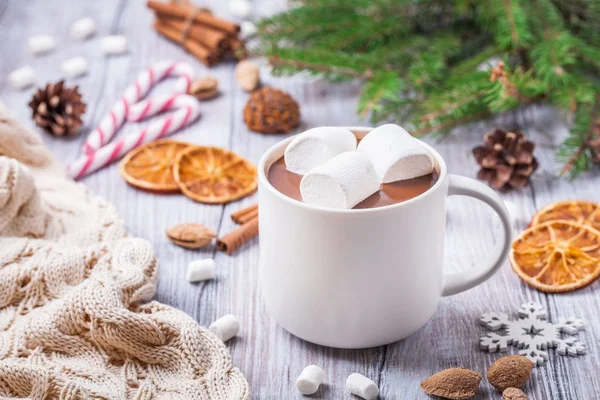 Heiße Schokolade mit Marshmallows in einer weißen Tasse, auf hellem Hintergrund. — Stockfoto