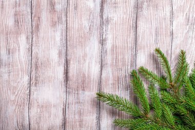 yeşil çam dalları hafif ahşap arka plan üzerinde yatay