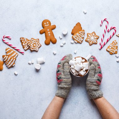 Gri-mavi arka plan, yatay, Noel zencefil çerezleri eller eldiven içinde