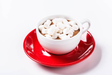 Sıcak çikolata ve beyaz bir fincan sıcak bir örgü battaniye üzerinde kırmızı bir plaka üzerinde marshmelow. Noel, yatay