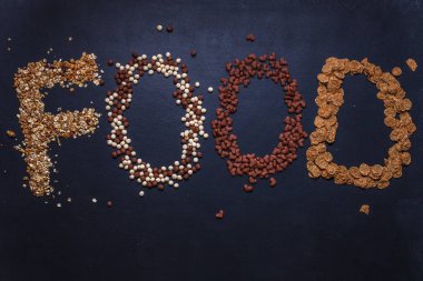 Kuru Kahvaltı, granola, müsli bir siyah arka plan, Meydanı, üstten görünüm, boşaltmak, düz yatıyordu