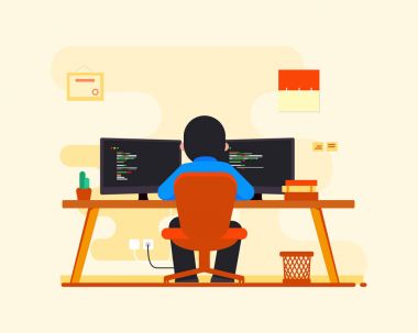 Hombre sentado en mesa trabajando en programacin con dos computadoras en oficina de color amarillo.