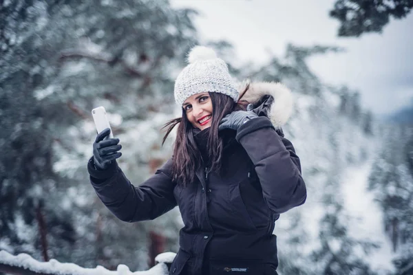 Beautiful woman with mobile phone snow landscape.