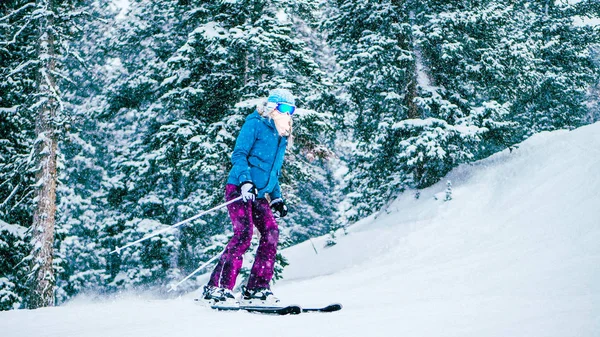 Foto Pantalla Ancha 16X9 Niña Esquiando Durante Tiempo Nieve Estación —  Fotos de Stock