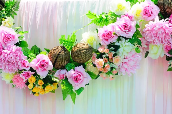 Closeup Flower line decorate for Wedding with pink fabric background