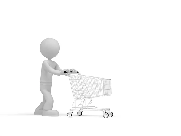 3d pequeño hombre empujar carrito de compras —  Fotos de Stock
