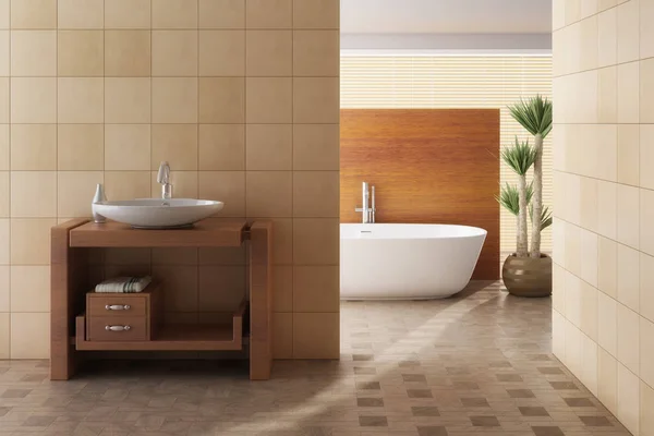 Cuarto de baño marrón incluyendo bañera y lavabo —  Fotos de Stock