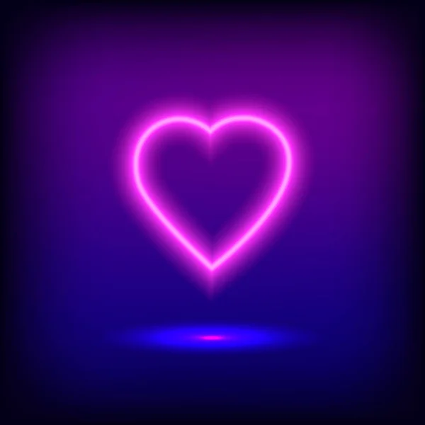 Cuore luminoso. Insegna al neon. Segno di cuore retrò neon su backgro viola — Vettoriale Stock