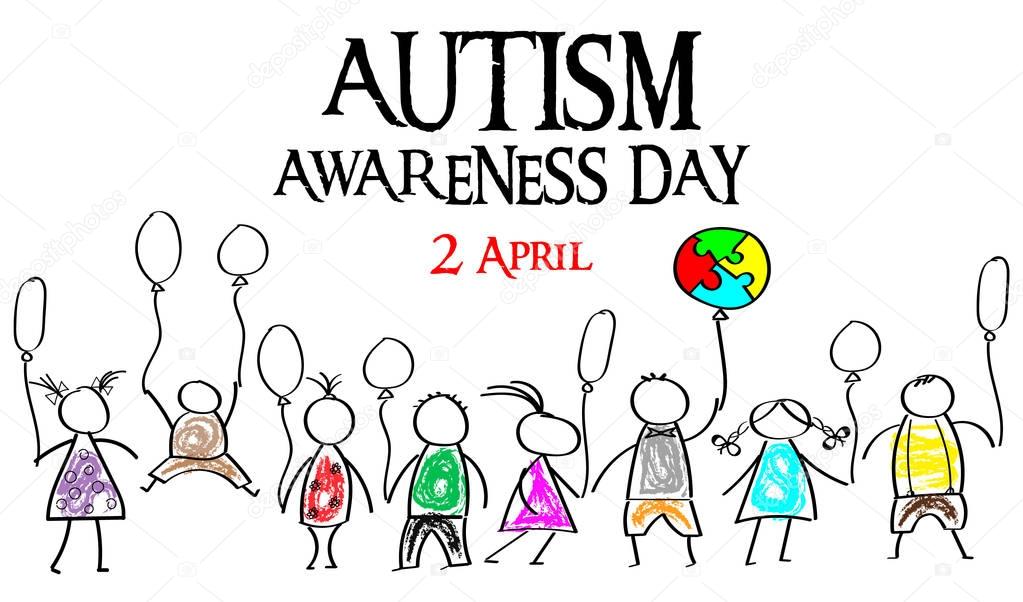 Autism Awareness Month. Multicolored puzzle in the form balloons. Doodle kids with balloons. Healthcare concept.
