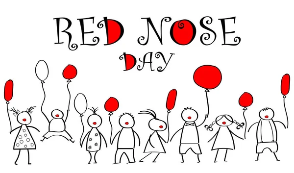 Światowy dzień czerwonego nosa. Gryzmoły dla dzieci z kolorowym balonem — Wektor stockowy