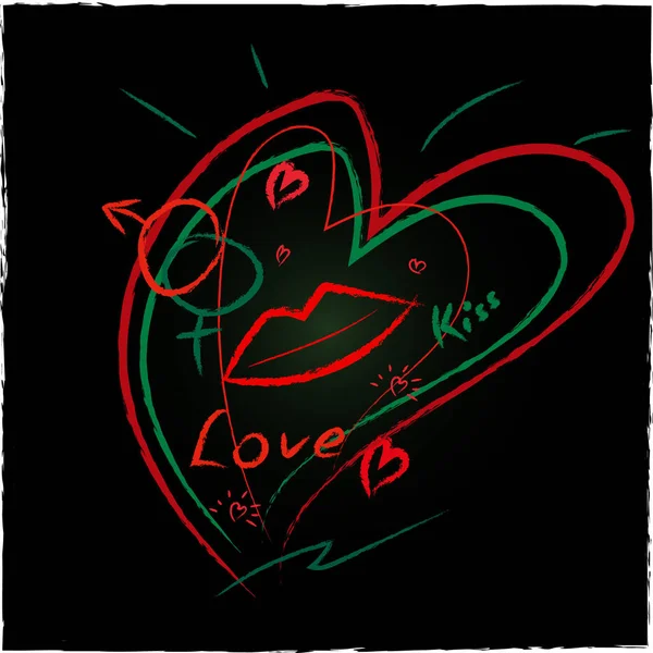 Grunge στυλ φόντου με τα χείλη, φιλί, καθρέφτης της Venus. Νέον — Διανυσματικό Αρχείο