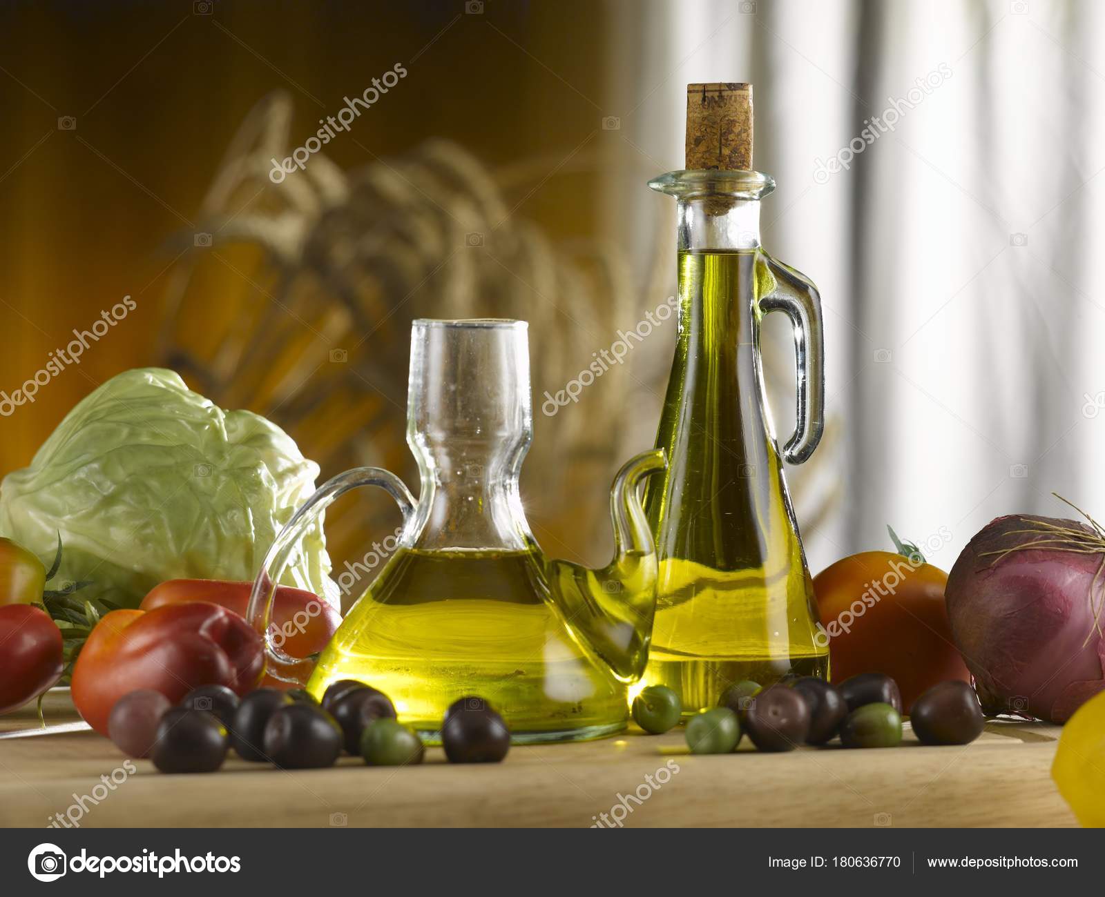 Olive Oil Glass Cruets Scattered Olives Vegetables Front View Kitchen
