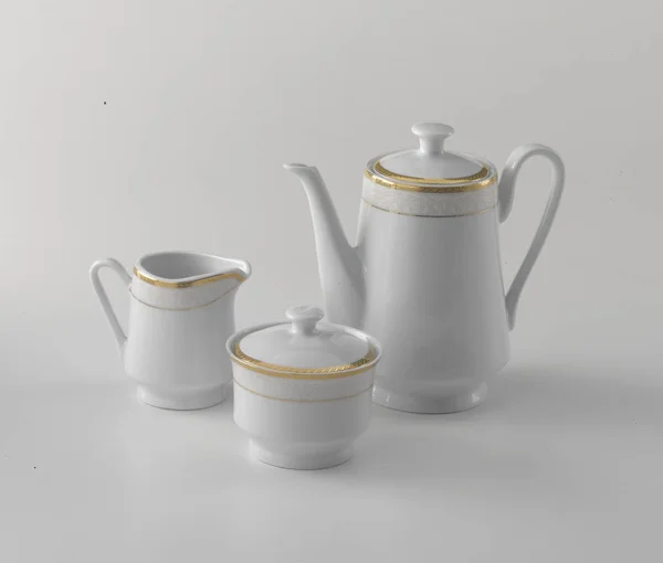 Gold Rimmed White Porcelain Set Serving Coffee Tea White Background — Stock Photo, Image