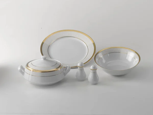 White Porcelain Soup Serving Set White Background — Stock Photo, Image