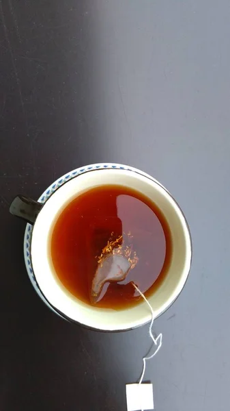 Чашка Чаю Темному Фоні Вид Зверху Простір Тексту — стокове фото