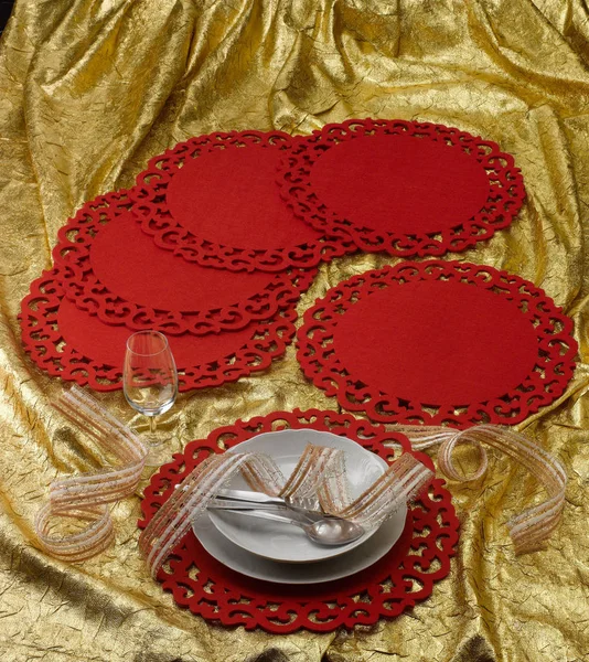 Christmas Table Setting Golden Background Red Props — Stock Photo, Image