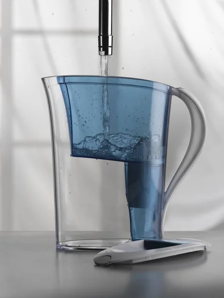 tap water flowing into a filter jug.window and white curtain in the background