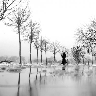 Siyah ve beyaz kış sahne bir kadın kişi ile.