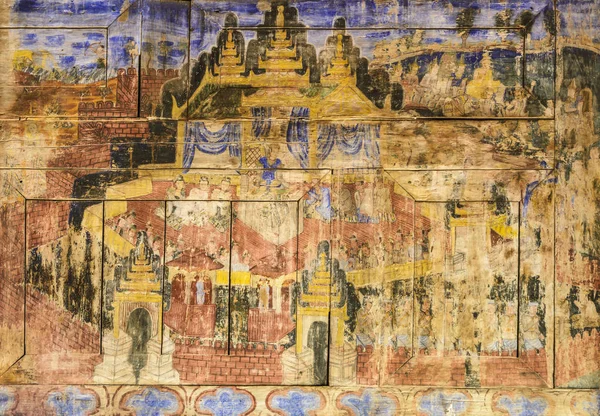 Pittura murale thailandese antica sulla parete del tempio di legno — Foto Stock