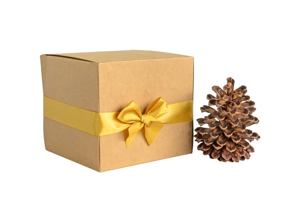 Noel hediye kutuları ve çam kozalağı beyaz arka plan üzerinde — Stok fotoğraf