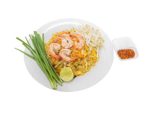 Pad thai, Mescolare tagliatella fritta con gamberetti su sfondo bianco — Foto Stock