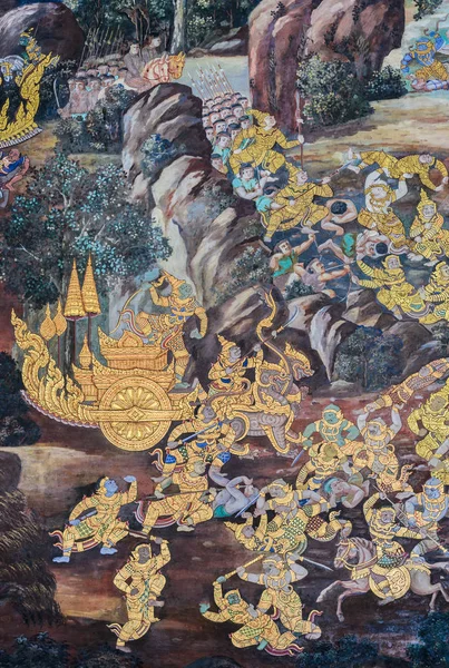 Mural fresco de Ramakien épica en el Gran Palacio de Bangkok, Th — Foto de Stock