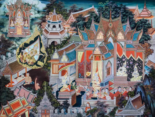 Temple bouddhiste peinture murale art en Thaïlande — Photo