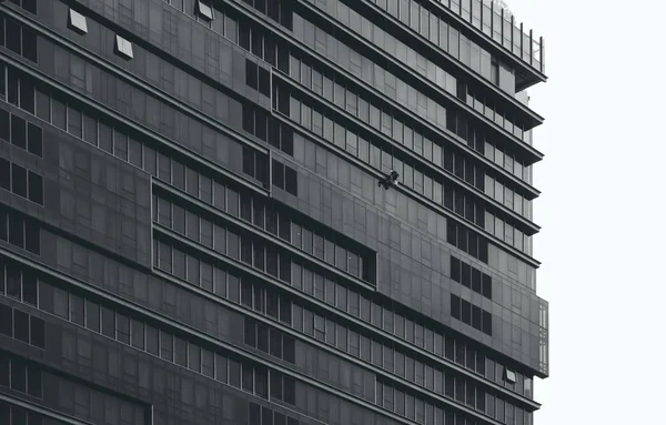 Multi Storey Office Building Washer Cleaning Skyscraper Windows Black White — Stock Photo, Image