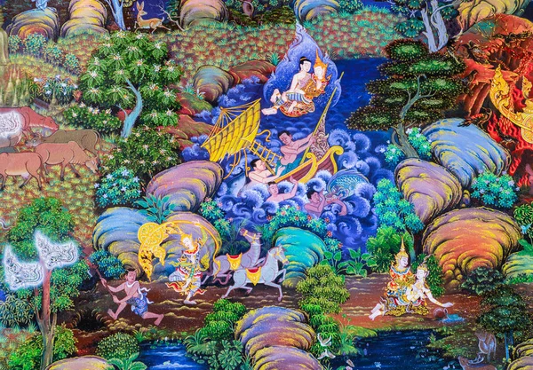 Inheemse Thaise boeddhistische muurschildering schilderij van het leven van Boeddha — Stockfoto