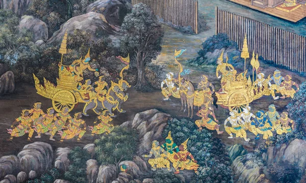Mural fresco de Ramakien épica en el Gran Palacio de Bangkok, Th —  Fotos de Stock