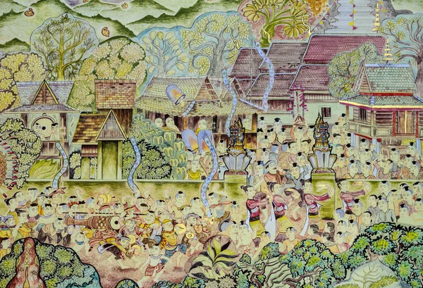 Antigua pintura mural tailandesa estilo Lanna del festival budista —  Fotos de Stock