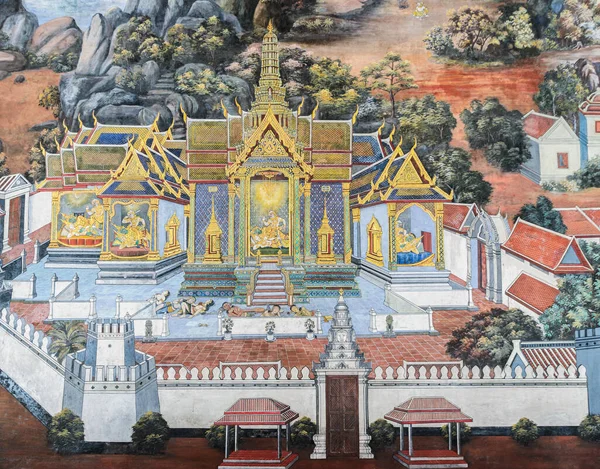 Thai väggmålning Fresco av Ramakien Epic på Grand Palace i Bangko — Stockfoto