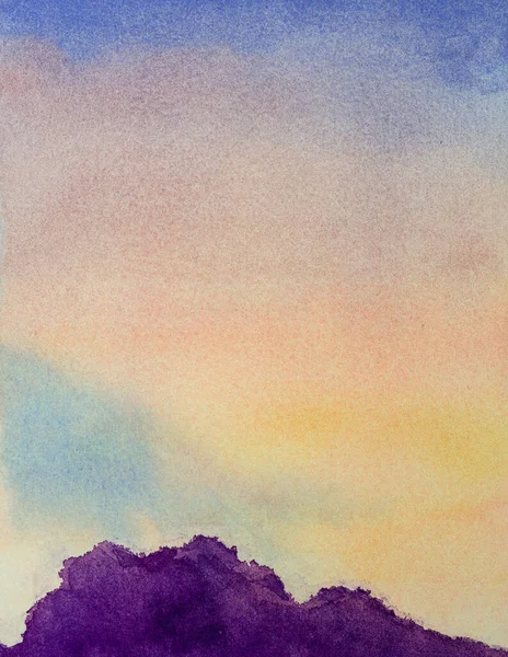 Abstracte Kleurrijke Aquarelverf Achtergrond Twilight Skyline Paarse Wolken Handgetekend Papier — Stockfoto