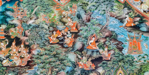 Suphanburi Thailand January 2014 Buddhist Temple Mural Painting Life Buddha — Stock Photo, Image