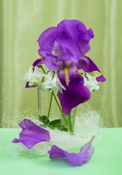 Mor Iris ve kimyasal bir cam kapta beyaz çan