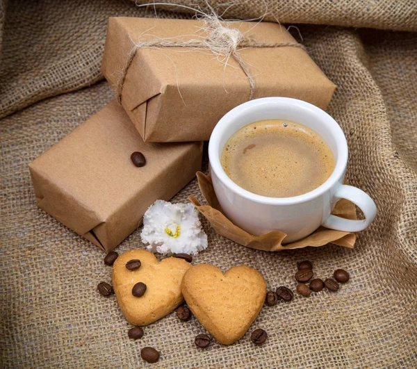 Still Life Cup Coffee Milk Cookie Form Heart Gift Background — Stock Photo, Image