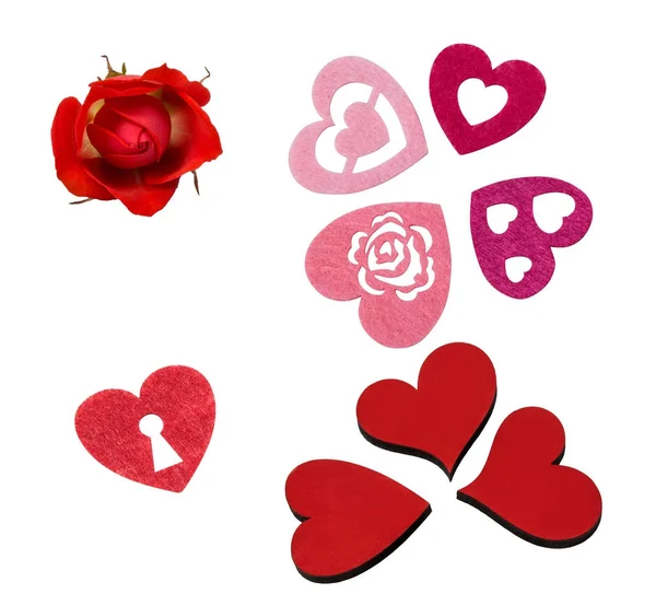 Set Scrapbooking Valentine Day Hearts Made Felt Wood Rose Red — Stock Photo, Image