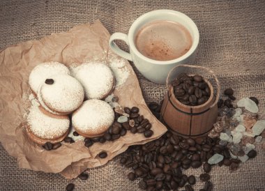 pastel natürmort kahve, bisküvi, şeker,