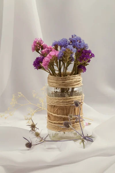 Bouquet Dried Pink Blue Purple Flowers Glass Jar Decorated Hand — Stock Photo, Image