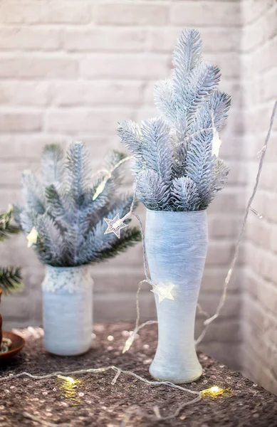 Christmas Card Christmas Tree Branches Garland Form Stars Candles — 스톡 사진