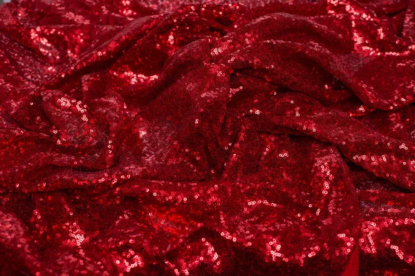 Bright Red Fabric Small Sequins Metallic Sheen Laid Out Waves — Stock Photo, Image