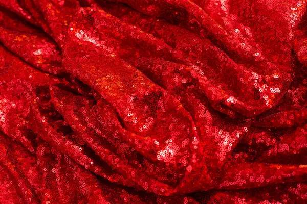 Červená Lesklá Sekvenovaná Skládaná Sekvencová Tkanina Jako Pozadí Textura — Stock fotografie