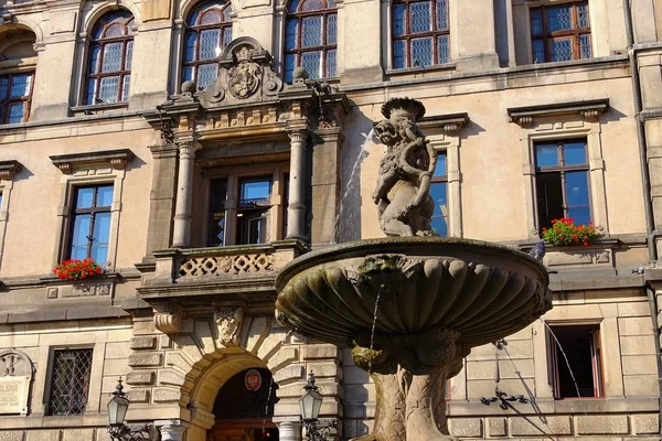 The town Klodzko, Poland, fountain and Town Hall — Stock Photo, Image