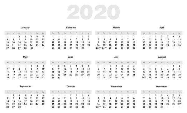 Calendar Grid 2020 English — Stock Vector