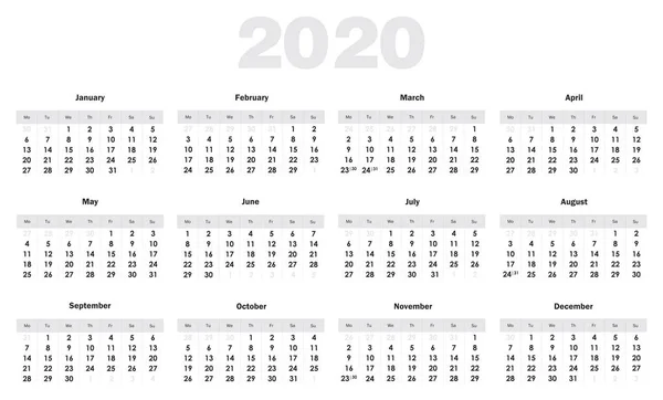 İngilizce 2020 takvim ızgarası