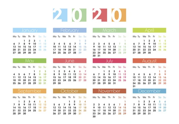 Grille Calendrier 2020 Anglais — Image vectorielle