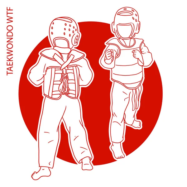 Illustration Taekwondo Barn Skissera Stil Röd Cirkel Bakgrund — Stock vektor